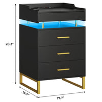 Sikaic Nightstand LED Nightstand with Charging Station and 3 Drawers and 1 Pull-Out Tray Black and Gold