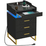 Sikaic Nightstand LED Nightstand with Charging Station and 3 Drawers and 1 Pull-Out Tray Black and Gold