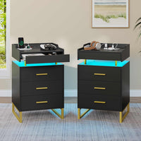 Sikaic Nightstand LED Nightstand with Charging Station and 3 Drawers and 1 Pull-Out Tray Black and Gold