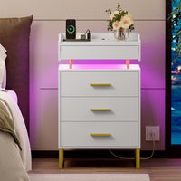 Sikaic Nightstand LED Nightstand with Charging Station and 3 Drawers and 1 Pull-Out Tray White and Gold