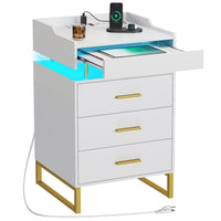 Sikaic Nightstand LED Nightstand with Charging Station and 3 Drawers and 1 Pull-Out Tray White and Gold