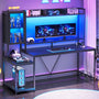 Sikaic Gaming Desk Led Gaming Desk with Power Outlets and Glass Display Cabinet Monitor Stand Hooks CPU Stand Black