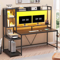 Sikaic Gaming Desk Led Gaming Desk with Power Outlets and Glass Display Cabinet Monitor Stand Hooks CPU Stand Black