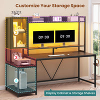 Sikaic Gaming Desk Led Gaming Desk with Power Outlets and Glass Display Cabinet Monitor Stand Hooks CPU Stand Black