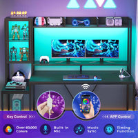 Sikaic Gaming Desk Led Gaming Desk with Power Outlets and Glass Display Cabinet Monitor Stand Hooks CPU Stand Black