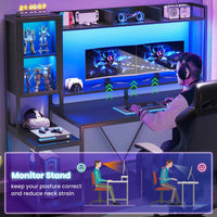 Sikaic Gaming Desk Led Gaming Desk with Power Outlets and Glass Display Cabinet Monitor Stand Hooks CPU Stand Black
