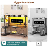 Sikaic Gaming Desk Led Gaming Desk with Power Outlets and Glass Display Cabinet Monitor Stand Hooks CPU Stand Black