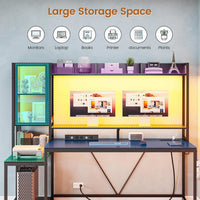 Sikaic Gaming Desk Led Gaming Desk with Power Outlets and Glass Display Cabinet Monitor Stand Hooks CPU Stand Black