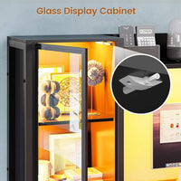 Sikaic Gaming Desk Led Gaming Desk with Power Outlets and Glass Display Cabinet Monitor Stand Hooks CPU Stand Black