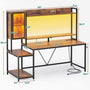 Sikaic Gaming Desk Led Gaming Desk with Power Outlets and Glass Display Cabinet Monitor Stand Hooks CPU Stand Brown