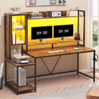 Sikaic Gaming Desk Led Gaming Desk with Power Outlets and Glass Display Cabinet Monitor Stand Hooks CPU Stand Brown