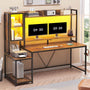 Sikaic Gaming Desk Led Gaming Desk with Power Outlets and Glass Display Cabinet Monitor Stand Hooks CPU Stand Brown