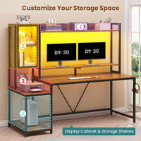 Sikaic Gaming Desk Led Gaming Desk with Power Outlets and Glass Display Cabinet Monitor Stand Hooks CPU Stand Brown