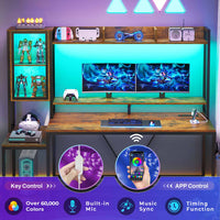 Sikaic Gaming Desk Led Gaming Desk with Power Outlets and Glass Display Cabinet Monitor Stand Hooks CPU Stand Brown