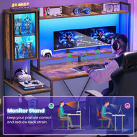 Sikaic Gaming Desk Led Gaming Desk with Power Outlets and Glass Display Cabinet Monitor Stand Hooks CPU Stand Brown