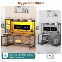 Sikaic Gaming Desk Led Gaming Desk with Power Outlets and Glass Display Cabinet Monitor Stand Hooks CPU Stand Brown