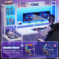 Sikaic Gaming Desk Led Gaming Desk with Power Outlets and Glass Display Cabinet Monitor Stand Hooks CPU Stand White
