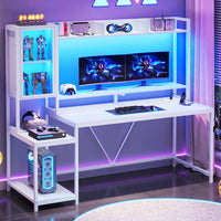 Sikaic Gaming Desk Led Gaming Desk with Power Outlets and Glass Display Cabinet Monitor Stand Hooks CPU Stand White