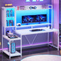 Sikaic Gaming Desk Led Gaming Desk with Power Outlets and Glass Display Cabinet Monitor Stand Hooks CPU Stand White