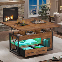 Sikaic Coffee Table 40 Inches 4 in 1 Lift Top Coffee Table with Storage Cabinet 2 Fabric Drawers & LED Light for Dining Room Brown