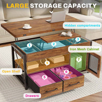 Sikaic Coffee Table 40 Inches 4 in 1 Lift Top Coffee Table with Storage Cabinet 2 Fabric Drawers & LED Light for Dining Room Brown