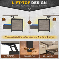 Sikaic Coffee Table 40 Inches 4 in 1 Lift Top Coffee Table with Storage Cabinet 2 Fabric Drawers & LED Light for Dining Room Grey