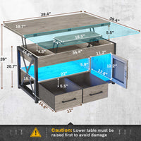 Sikaic Coffee Table 40 Inches 4 in 1 Lift Top Coffee Table with Storage Cabinet 2 Fabric Drawers & LED Light for Dining Room Grey
