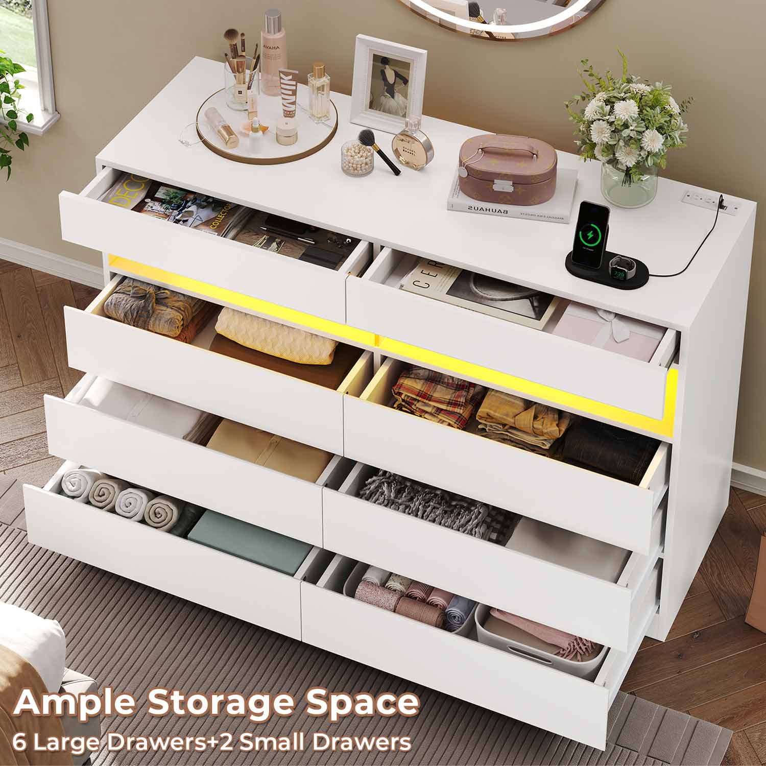 Sikaic Dresser LED 6 Drawers Dresser with Charging Station White Modern Sikaic Dresser LED 6 Drawers Dresser with Charging Station White Modern