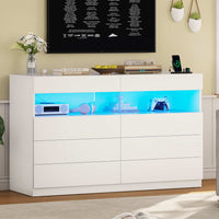 Sikaic Dresser White Dresser for Bedroom with LED Lights Charging Station Modern Double Wide Drawer Organizer Cabinet