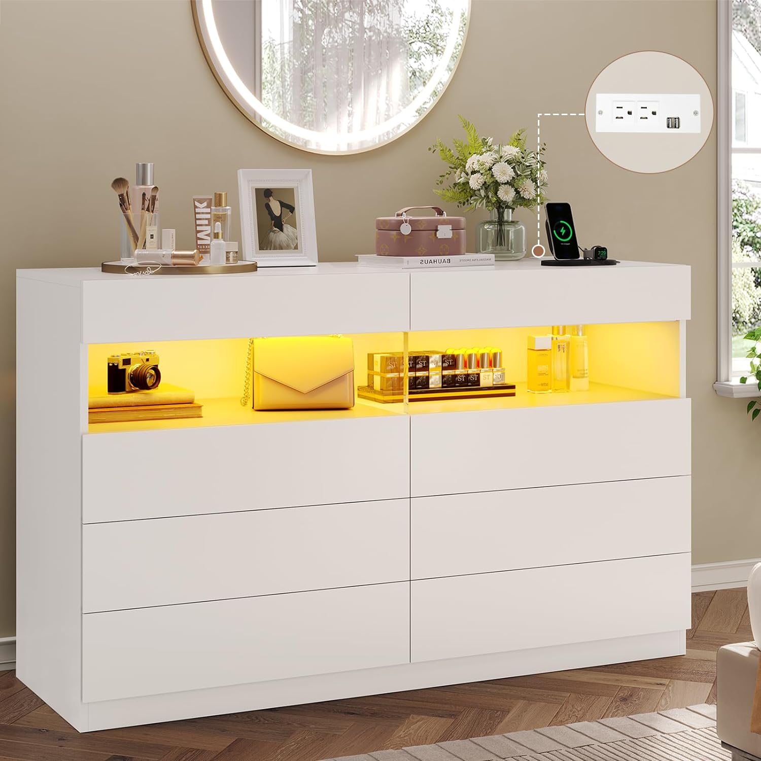 Sikaic Dresser LED 6 Drawers Dresser with Charging Station White Modern Sikaic Dresser LED 6 Drawers Dresser with Charging Station White Modern