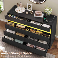 Sikaic Dresser Black Dresser for Bedroom with LED Lights Charging Station Modern Double Wide Drawer Organizer Cabinet