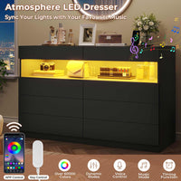 Sikaic Dresser Black Dresser for Bedroom with LED Lights Charging Station Modern Double Wide Drawer Organizer Cabinet