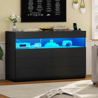 Sikaic Dresser Black Dresser for Bedroom with LED Lights Charging Station Modern Double Wide Drawer Organizer Cabinet