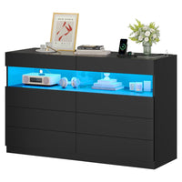 Sikaic Dresser Black Dresser for Bedroom with LED Lights Charging Station Modern Double Wide Drawer Organizer Cabinet