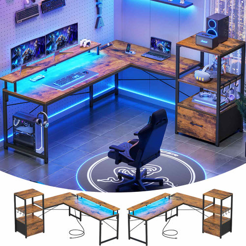 Sikaic Gaming Desk 51 Inches Reversible LED Lights L Shaped Gaming Desk with Power Outlets & Fabric File Drawer Monitor Stand and Hooks Rustic Brown