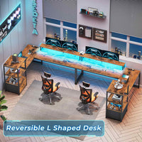 Sikaic Gaming Desk 51 Inches Reversible LED Lights L Shaped Gaming Desk with Power Outlets & Fabric File Drawer Monitor Stand and Hooks Rustic Brown
