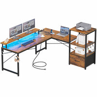 Sikaic Gaming Desk 51 Inches Reversible LED Lights L Shaped Gaming Desk with Power Outlets & Fabric File Drawer Monitor Stand and Hooks Rustic Brown