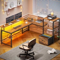 Sikaic Gaming Desk 51 Inches Reversible LED Lights L Shaped Gaming Desk with Power Outlets & Fabric File Drawer Monitor Stand and Hooks Rustic Brown