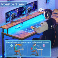 Sikaic Gaming Desk 51 Inches Reversible LED Lights L Shaped Gaming Desk with Power Outlets & Fabric File Drawer Monitor Stand and Hooks Rustic Brown