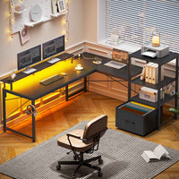 Sikaic Gaming Desk 51 Inches Reversible LED Lights L Shaped Gaming Desk with Power Outlets & Fabric File Drawer Monitor Stand and Hooks Black