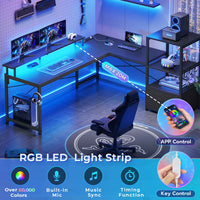 Sikaic Gaming Desk 51 Inches Reversible LED Lights L Shaped Gaming Desk with Power Outlets & Fabric File Drawer Monitor Stand and Hooks Black