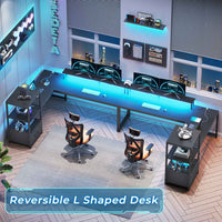 Sikaic Gaming Desk 51 Inches Reversible LED Lights L Shaped Gaming Desk with Power Outlets & Fabric File Drawer Monitor Stand and Hooks Black