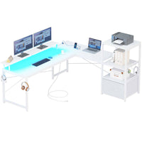 Sikaic Gaming Desk 51 Inches Reversible LED Lights L Shaped Gaming Desk with Power Outlets & Fabric File Drawer Monitor Stand and Hooks White
