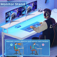 Sikaic Gaming Desk 51 Inches Reversible LED Lights L Shaped Gaming Desk with Power Outlets & Fabric File Drawer Monitor Stand and Hooks White