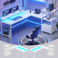 Sikaic Gaming Desk 51 Inches Reversible LED Lights L Shaped Gaming Desk with Power Outlets & Fabric File Drawer Monitor Stand and Hooks White