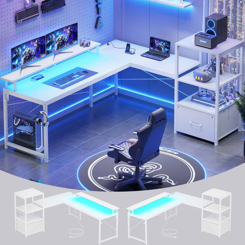 Sikaic Gaming Desk 51 Inches Reversible LED Lights L Shaped Gaming Desk with Power Outlets & Fabric File Drawer Monitor Stand and Hooks White