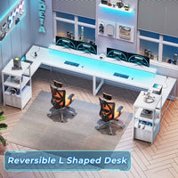 Sikaic Gaming Desk 51 Inches Reversible LED Lights L Shaped Gaming Desk with Power Outlets & Fabric File Drawer Monitor Stand and Hooks White