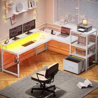 Sikaic Gaming Desk 51 Inches Reversible LED Lights L Shaped Gaming Desk with Power Outlets & Fabric File Drawer Monitor Stand and Hooks White