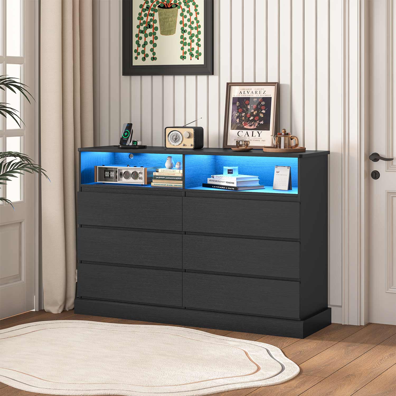 led black dresser 8-Drawer Dresser with LED Light and Power Outlet, Modern Black Storage Dresser and 55" TV Stand for Bedroom or Living Room