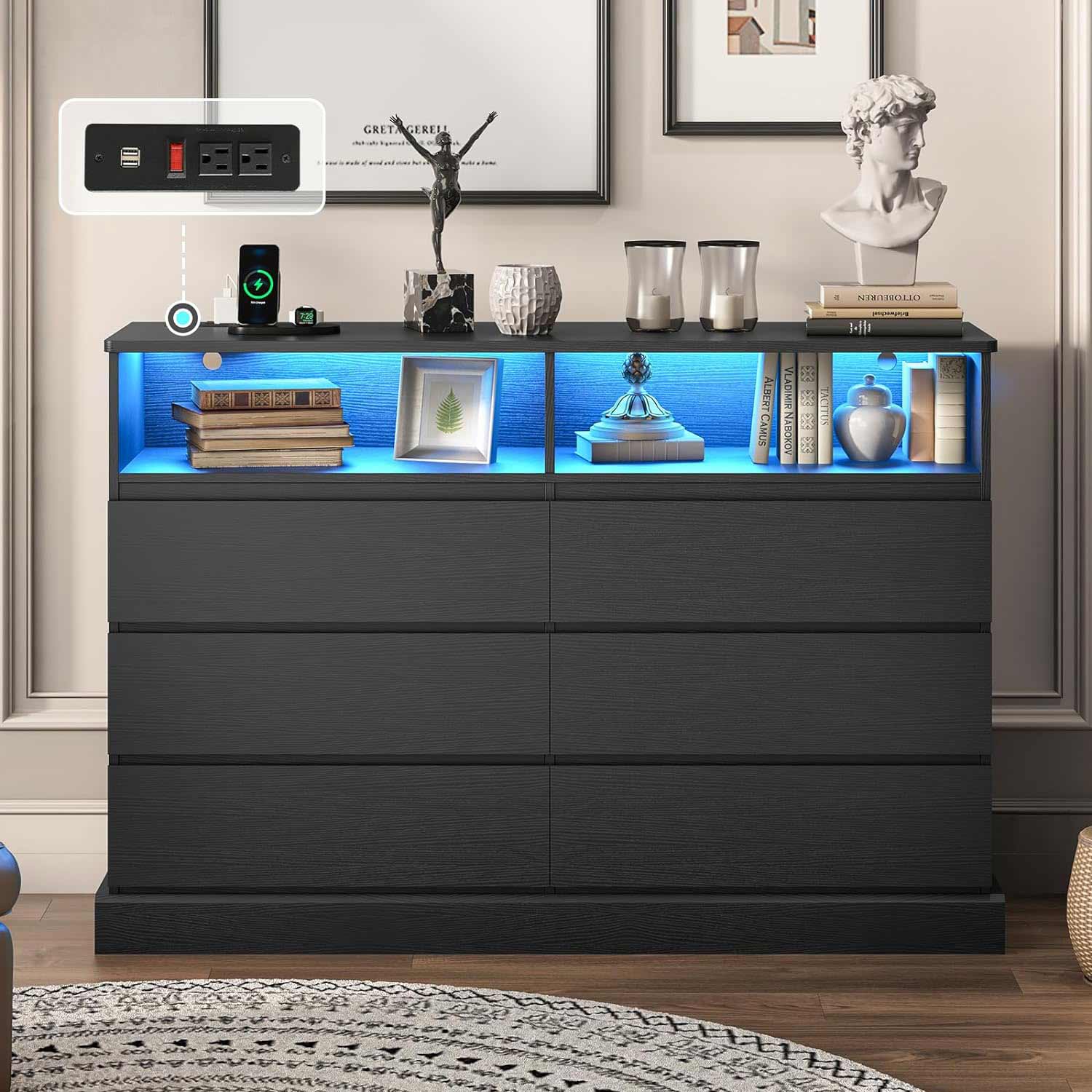 Sikaic Dresser with LED Lights and Charging Station Black Sikaic Dresser with LED Lights and Charging Station Black
